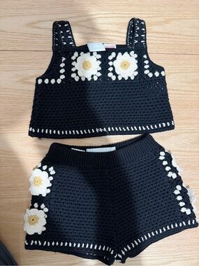 Zara Black Crochet Daisy Crop Top and Shorts Set